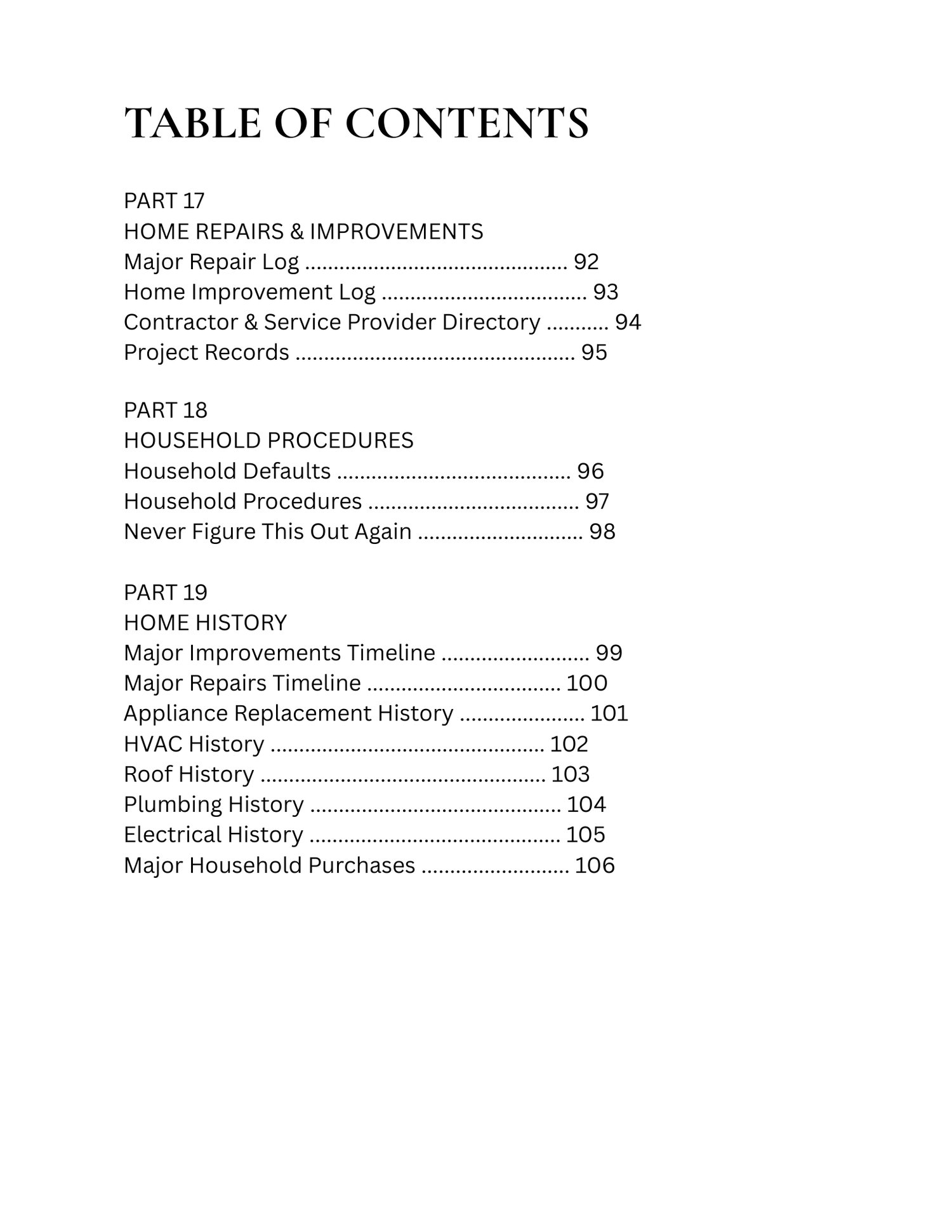 Comprehensive Household Manual printable reference system with repeatable master forms for assets, appliances, vehicles, maintenance, warranties, purchases, measurements, repairs, property, digital documents, and household procedures.