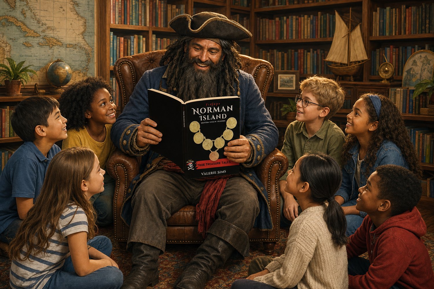 Blackbeard reading Norman Island to kids