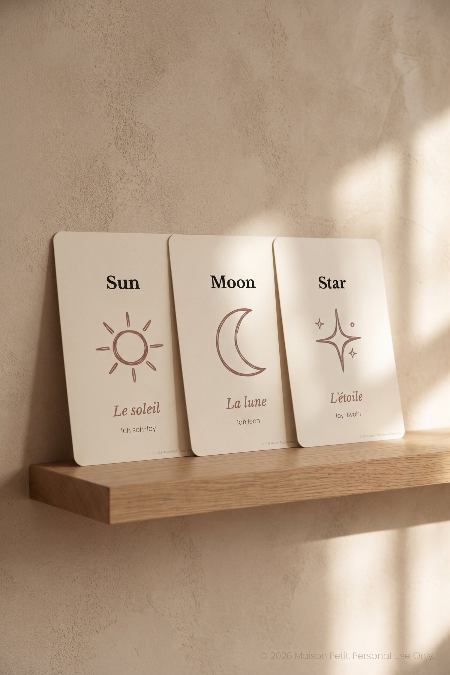 Bilingual Montessori nature flashcards in English and French - 20 printable concepts for toddlers.