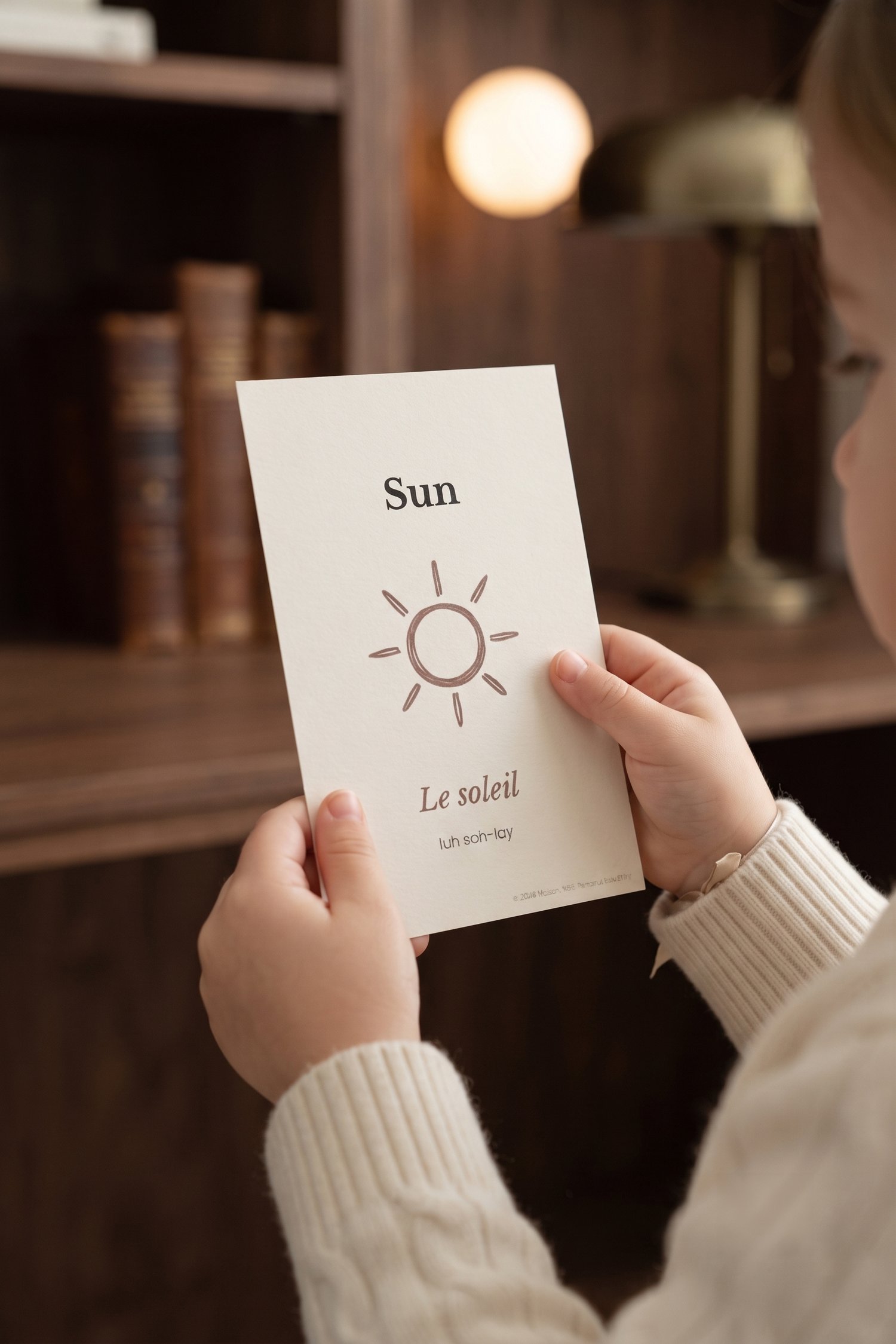 Child using Montessori 3-part cards for nature and science learning at home.