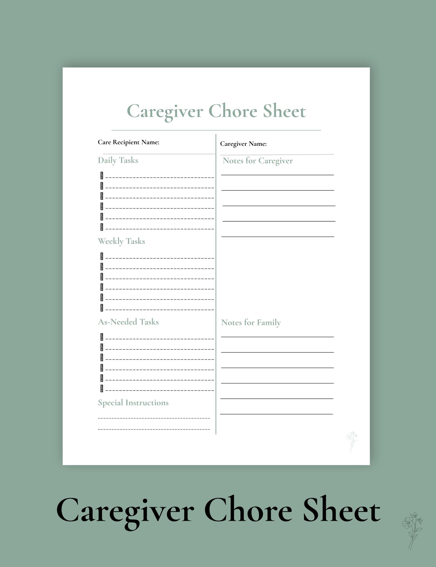 Caregiver Chore Sheet printable with daily, weekly, and as‑needed task sections displayed on a styled hero image.