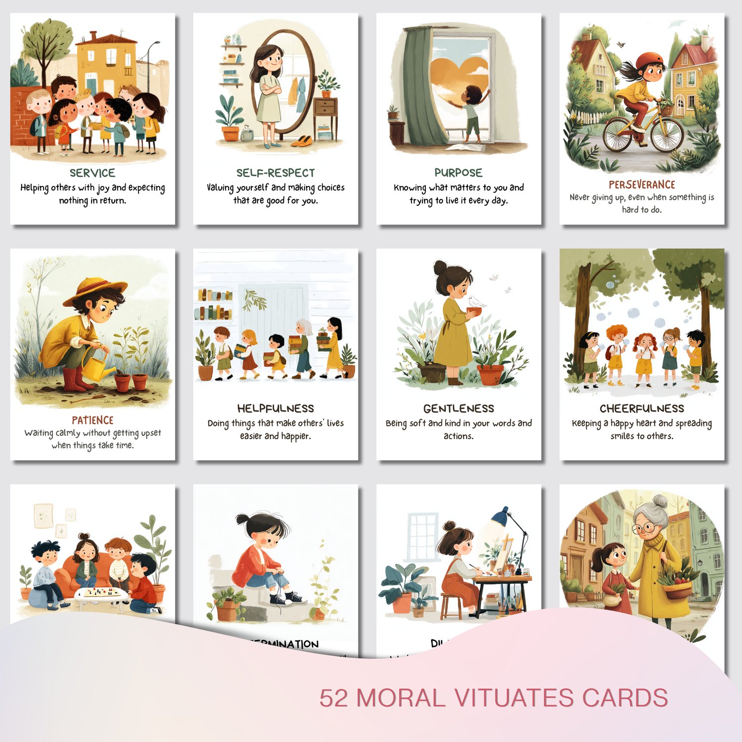 52 Moral Virtues Cards for Kids printable character education set