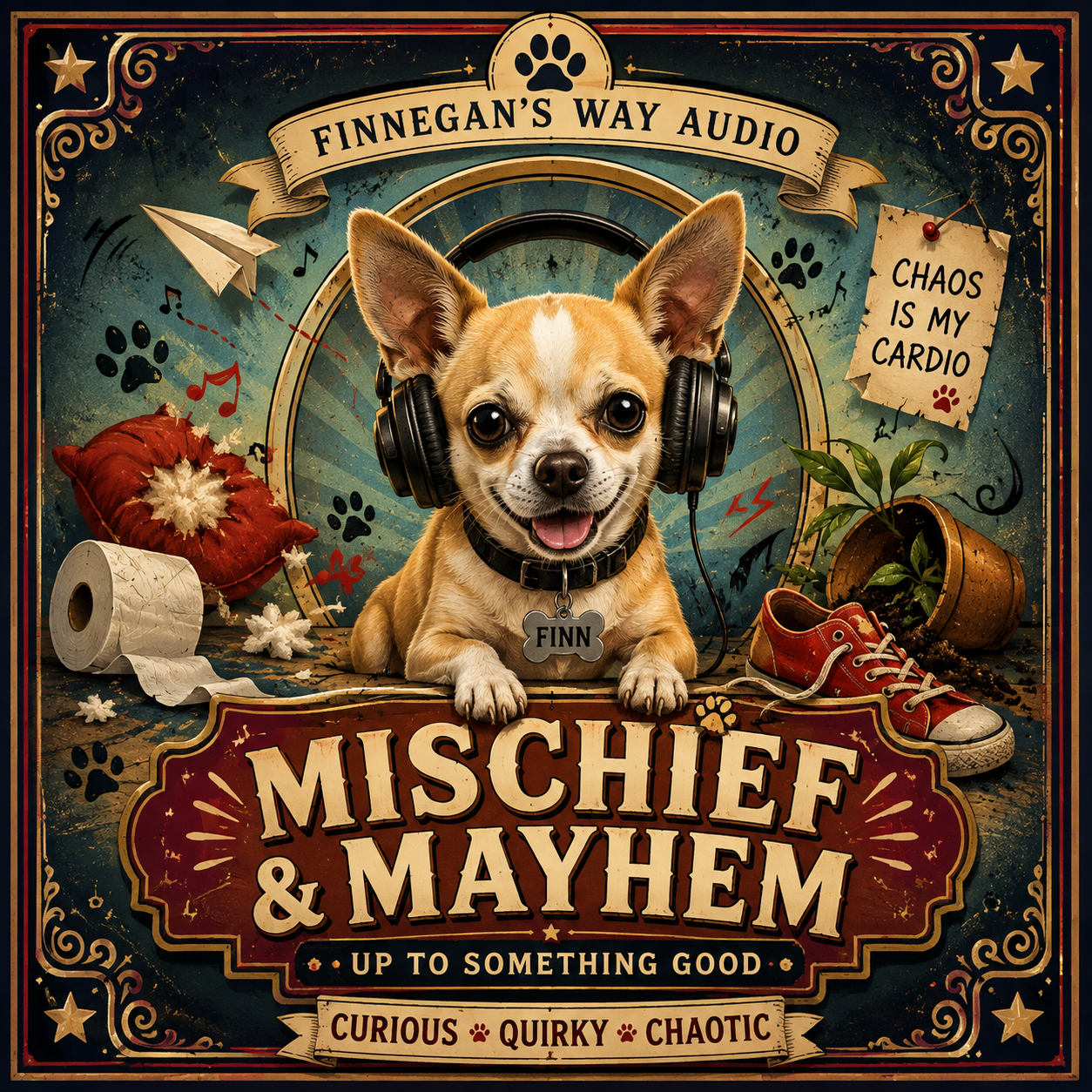 Square vintage-style illustrated cover for the Finnegan’s Way Audio collection Mischief & Mayhem. A small tan-and-white Chihuahua wearing black headphones sits prominently in the centre, surrounded by playful signs of chaos including paw prints, scattered