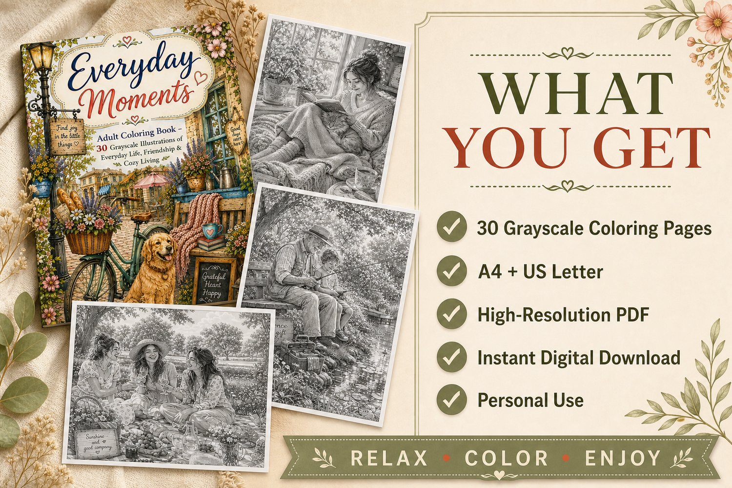 Everyday Moments printable grayscale coloring book featuring 30 adult coloring pages, A4 and US Letter PDF sizes, high-resolution files, and instant digital download.