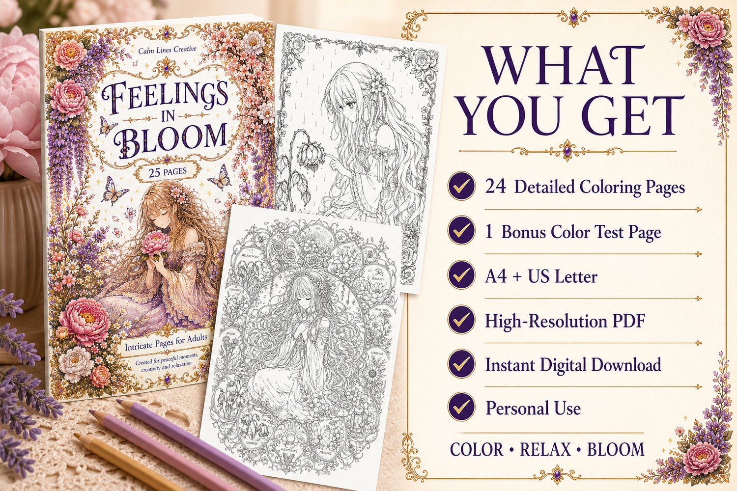 Feelings in Bloom printable botanical anime coloring book featuring 24 detailed coloring pages, one bonus color test page, A4 and US Letter sizes, and an instant high-resolution PDF download.