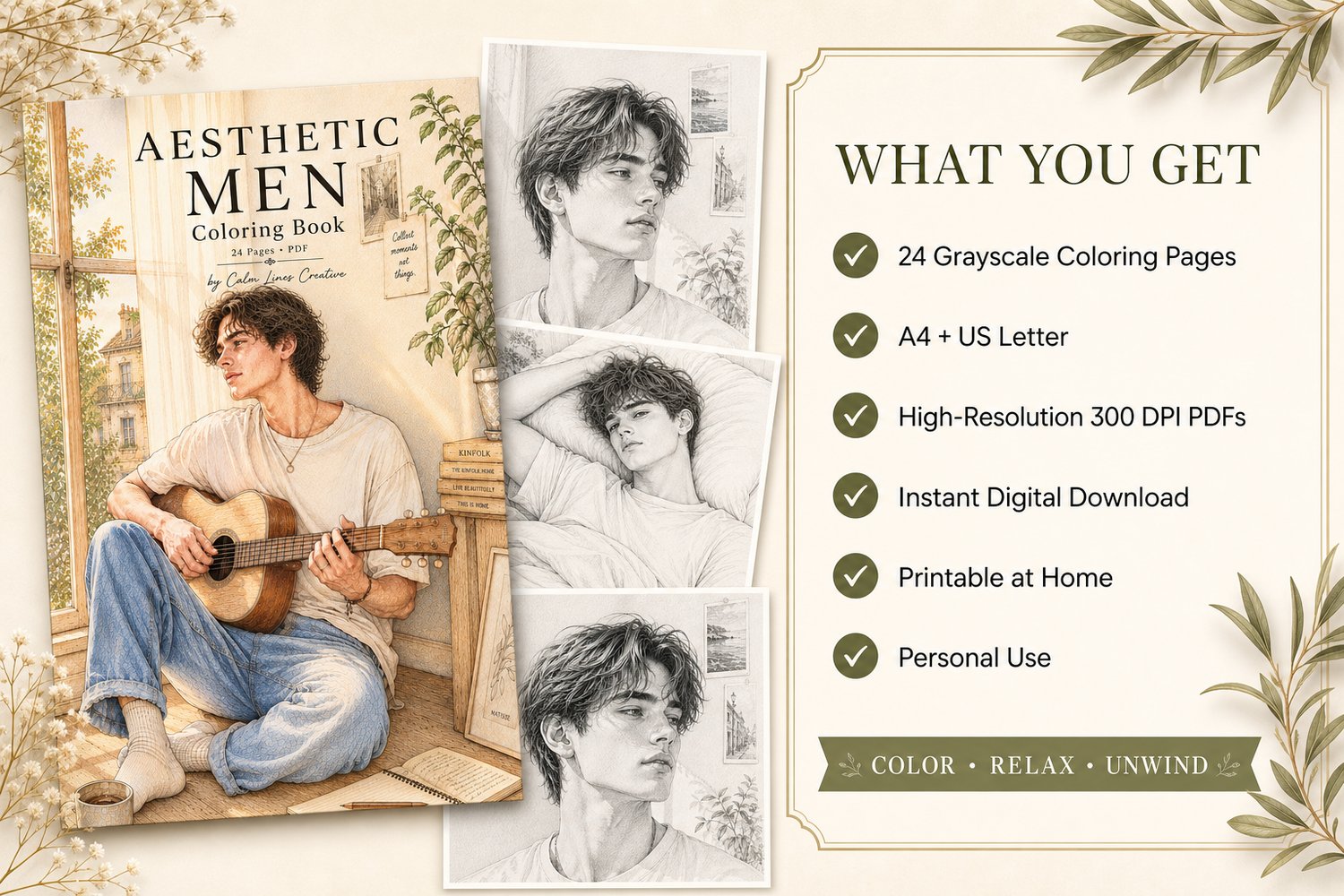 Aesthetic Men printable grayscale coloring book with 24 male portrait coloring pages, A4 and US Letter 300 DPI PDFs, instant digital download.