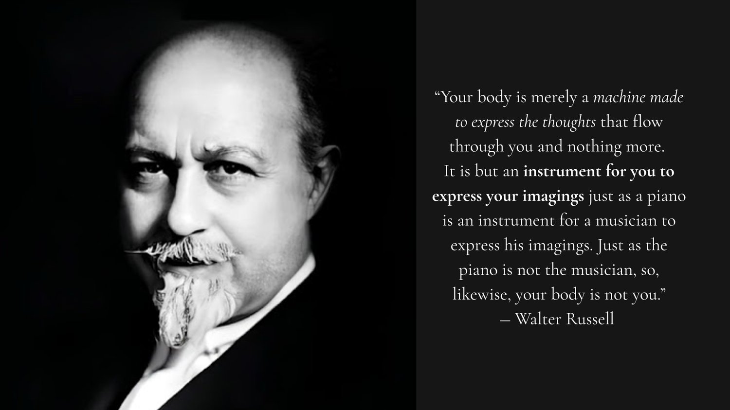 Black-and-white portrait of Walter Russell beside his quote: 