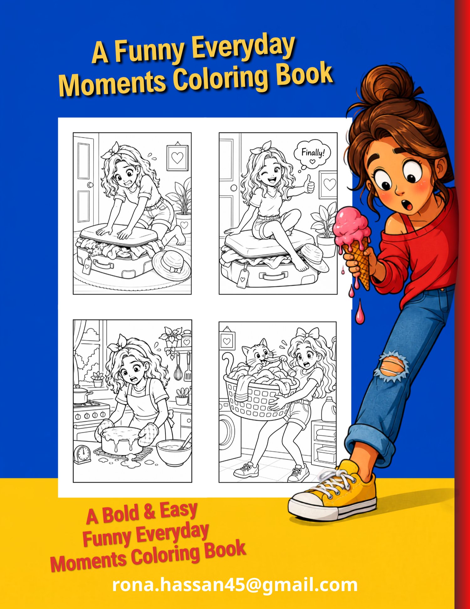 Back cover preview of One Girl So Many Oops coloring book showing four sample coloring pages and a cartoon girl holding ice cream.