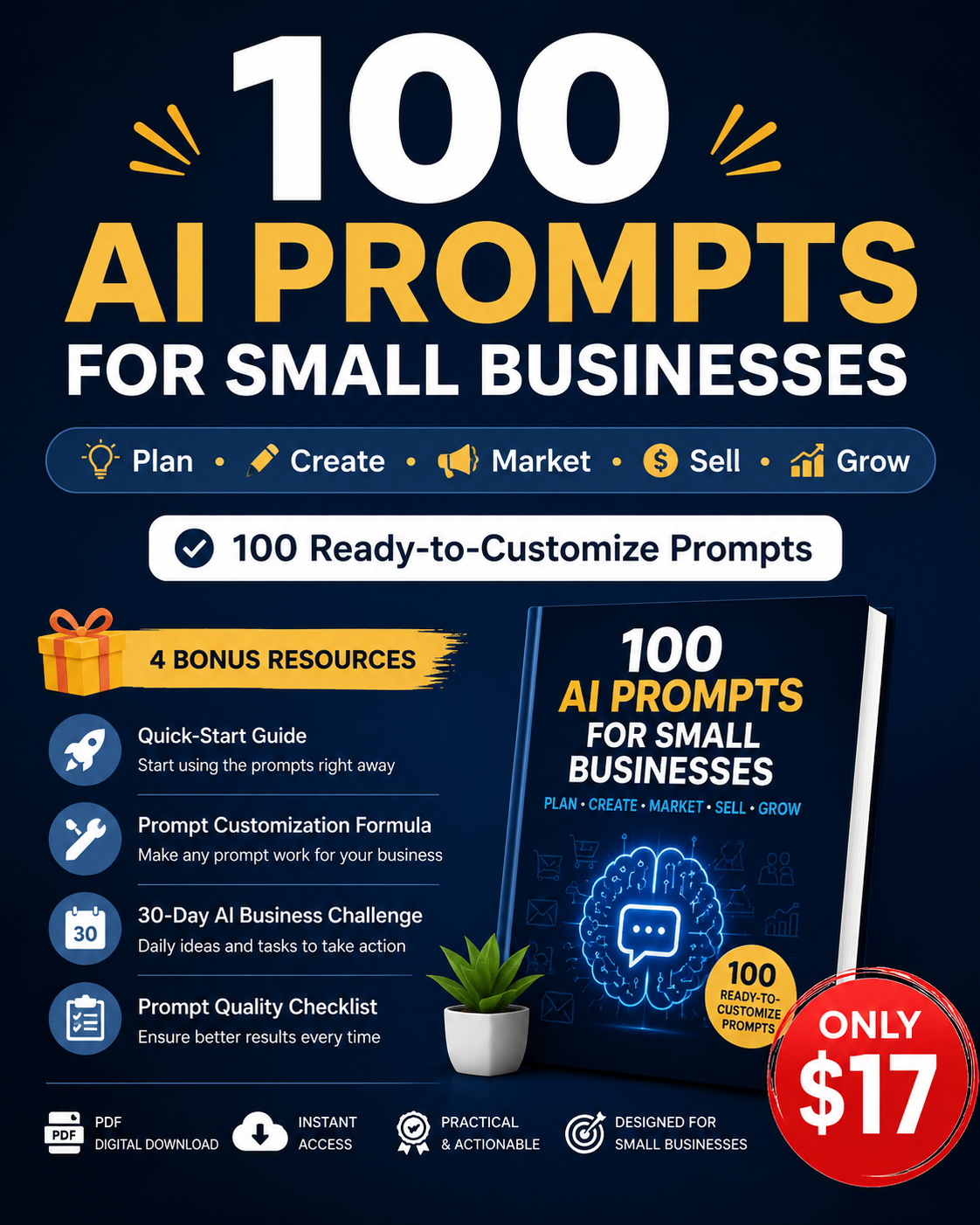 Professional cover for a 100 AI Prompts for Small Businesses digital toolkit, featuring practical AI and ChatGPT prompts for business strategy, marketing, content creation, sales, customer research, and business growth.
