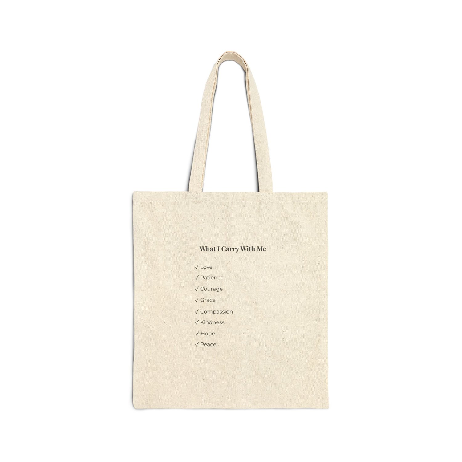 Cotton tote bag showing the inspirational checklist design on the back, photographed against a simple background.