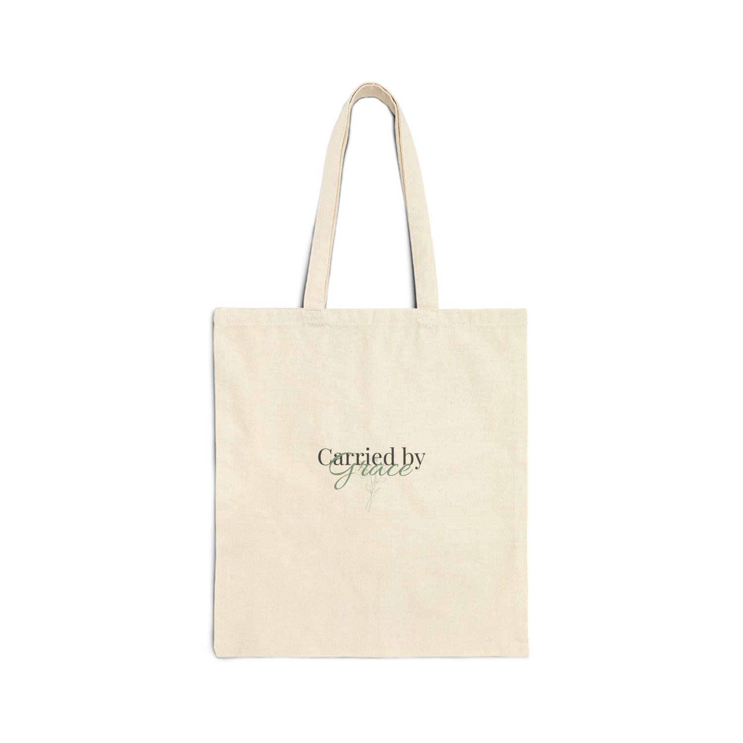 “Carried by Grace cotton tote bag with minimalist text design on the front, displayed on a clean background.”
