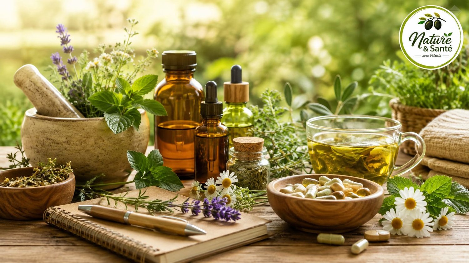 Illustration de couverture montrant des plantes médicinales, huiles essentielles et accessoires de phytothérapie pour illustrer le choix d'un praticien en médecine douce et bien-être.