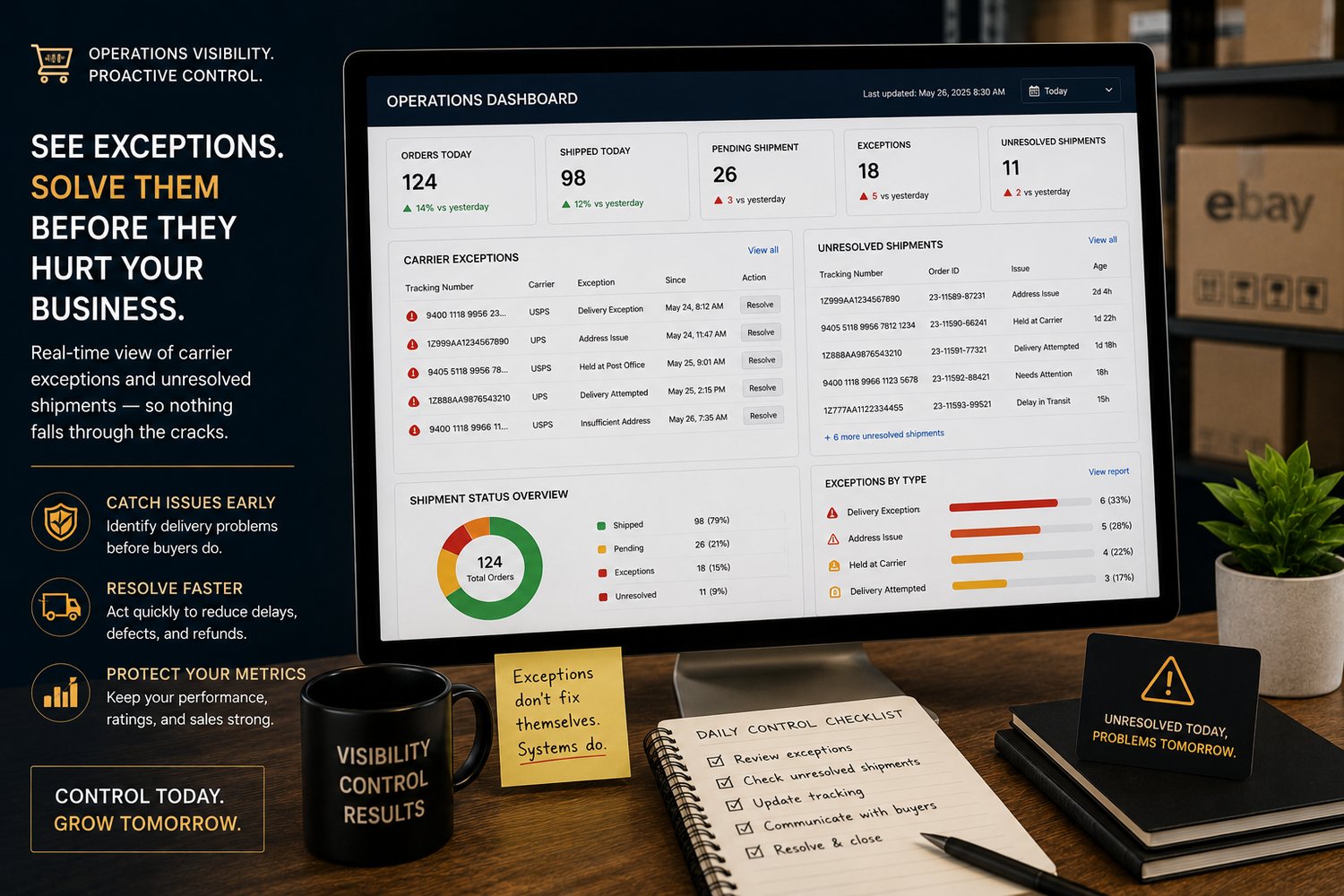 ecommerce operations dashboard showing carrier exceptions and unresolved shipments