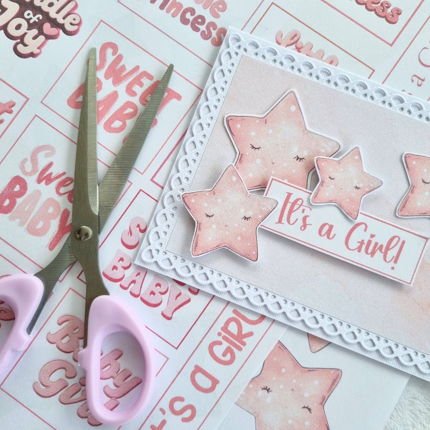 Handmade greeting card for a newborn baby girl on a printable card making sentiments sheet.
