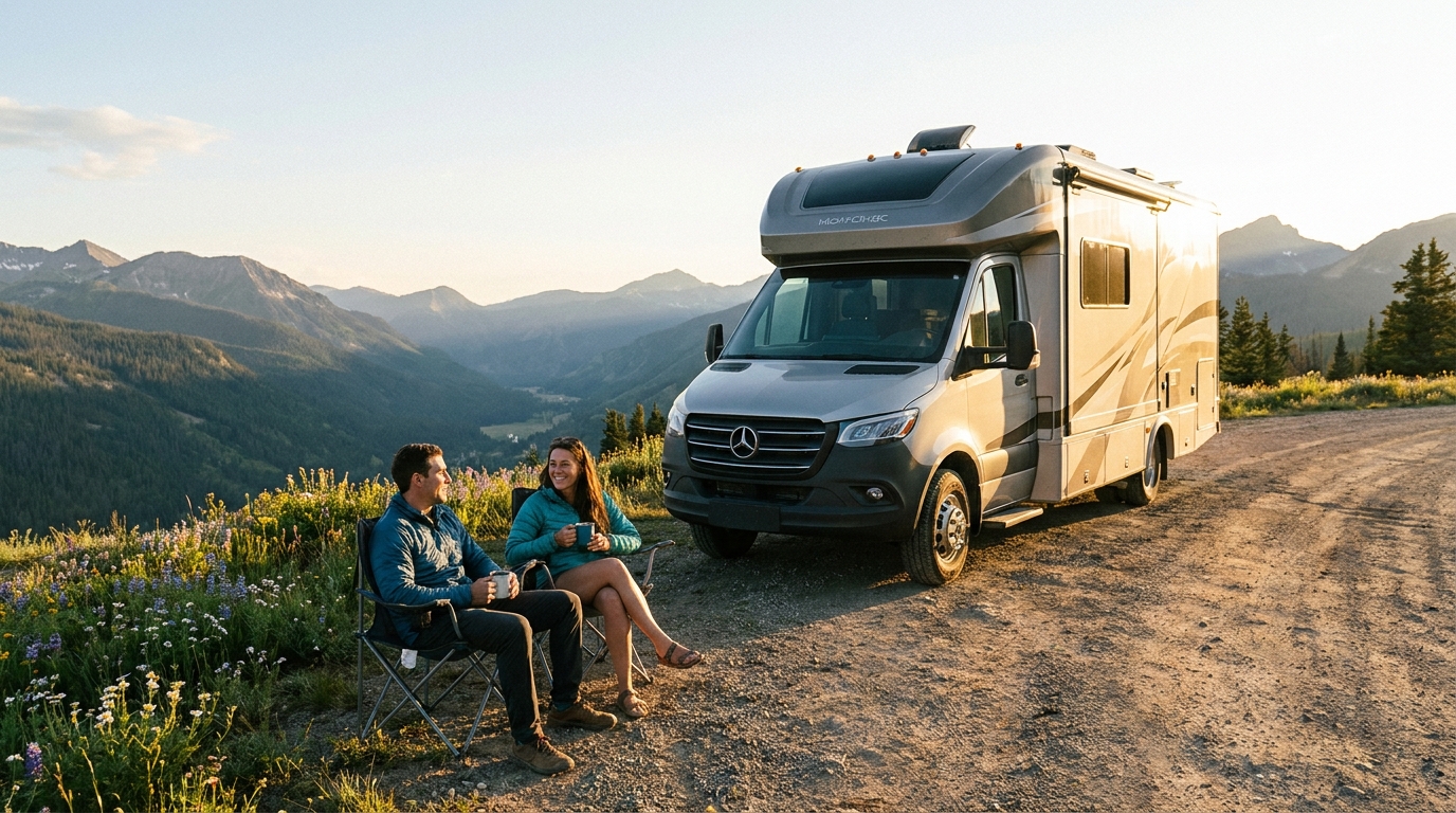A modern Class C RV parked at a scenic mountain overlook at sunset, representing the freedom and appeal of full-time RV living.