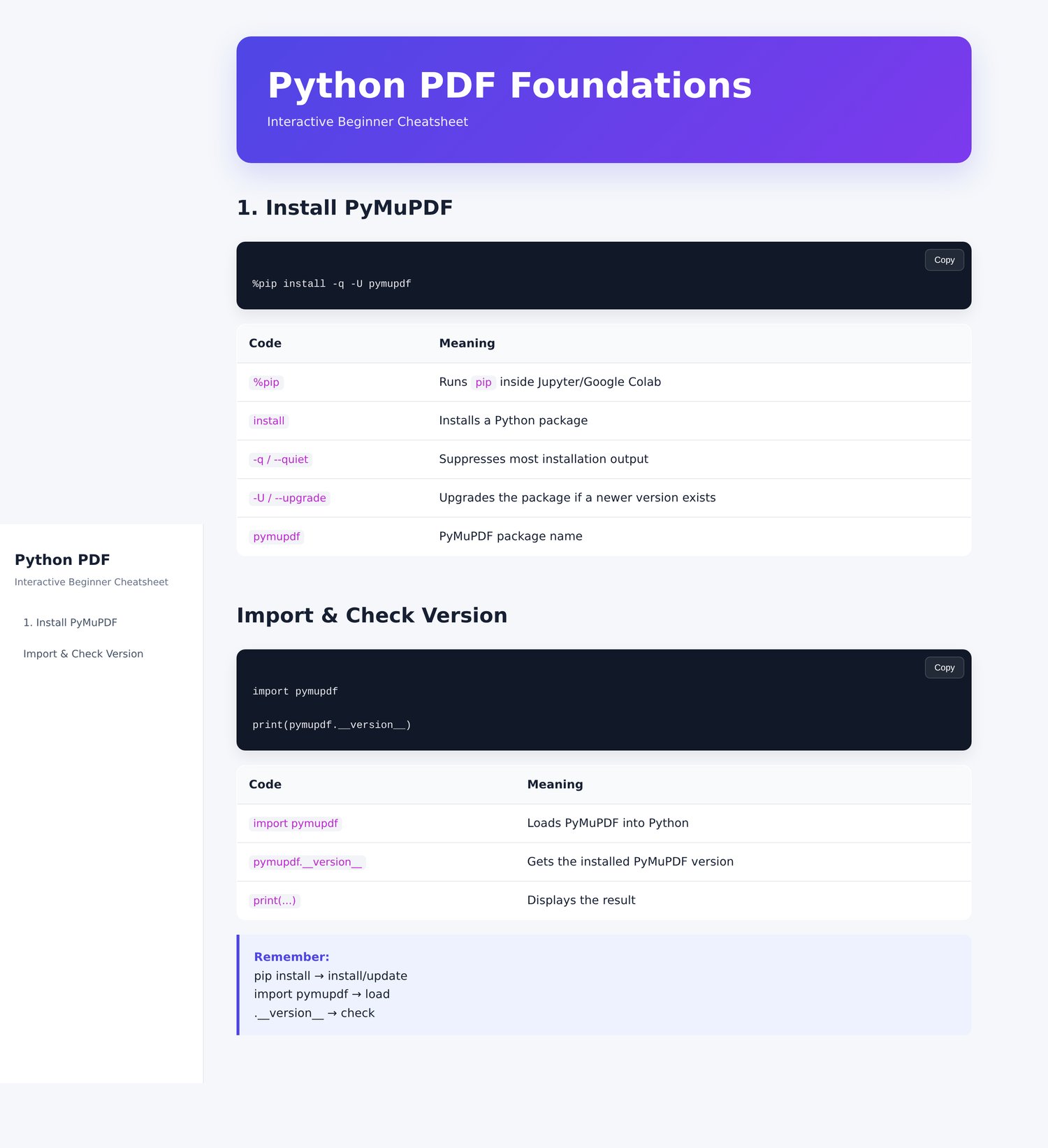 Python PDF Foundations Interactive Beginner Cheatsheet cover featuring PyMuPDF, PDF automation, Google Colab, and Python code.