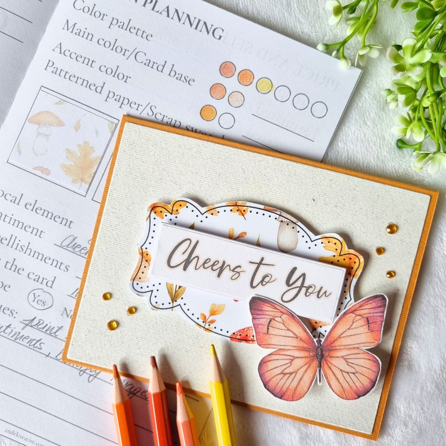 Card making for beginners: Handmade greeting card with butterfly on a card making planner page for card design