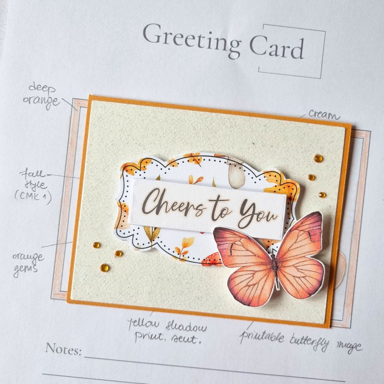 Card making for beginners: Handmade greeting card with butterfly on a printed sketchbook page for greeting card design