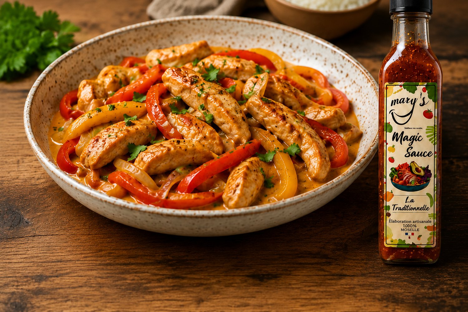 Émincé de poulet aux poivrons préparé avec la Magic Sauce artisanale MARY'S.