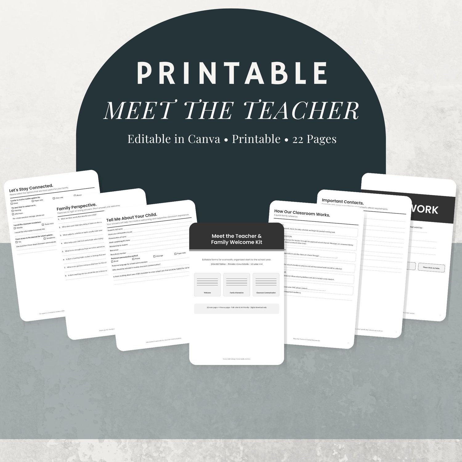 Meet the Teacher Family Welcome Kit editable Canva template with printable teacher forms and parent questionnaire