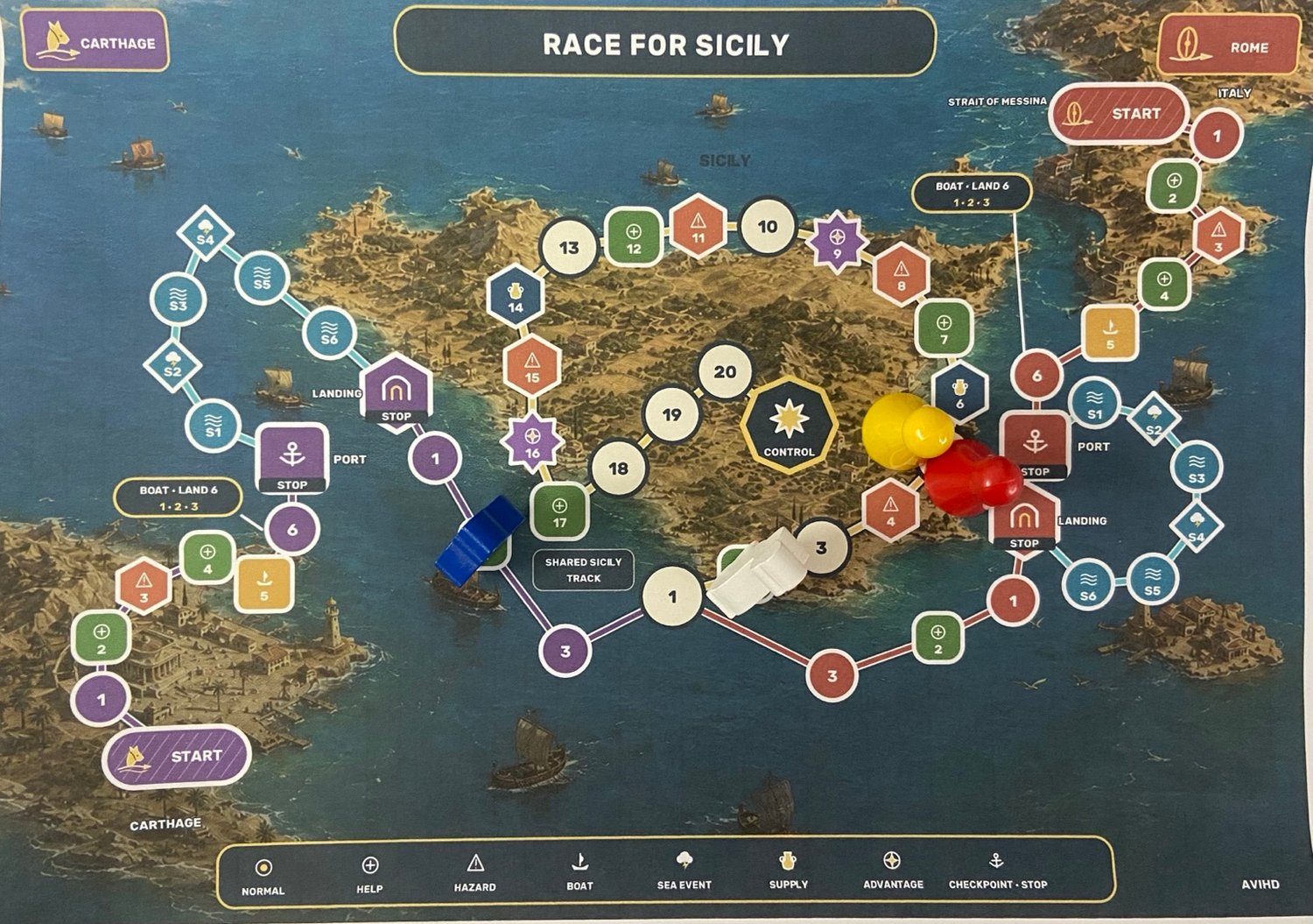Race for Sicily regular map with four player pawns, representing the Base Game for 2 or 4 players.