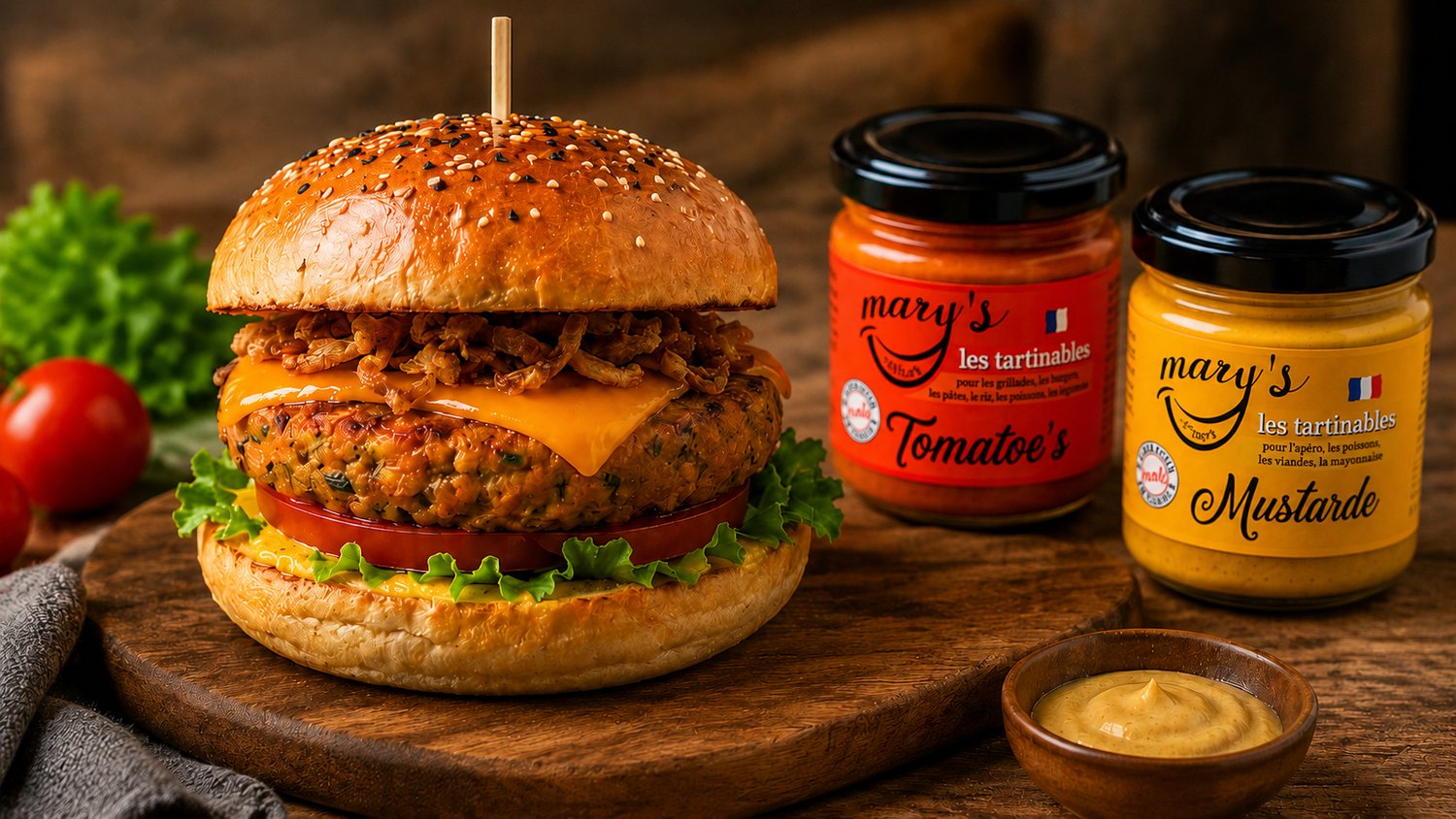 Burger végétal accompagné de Tomatoe’s et Mustarde MARY’S, fabriquées artisanalement en Moselle.