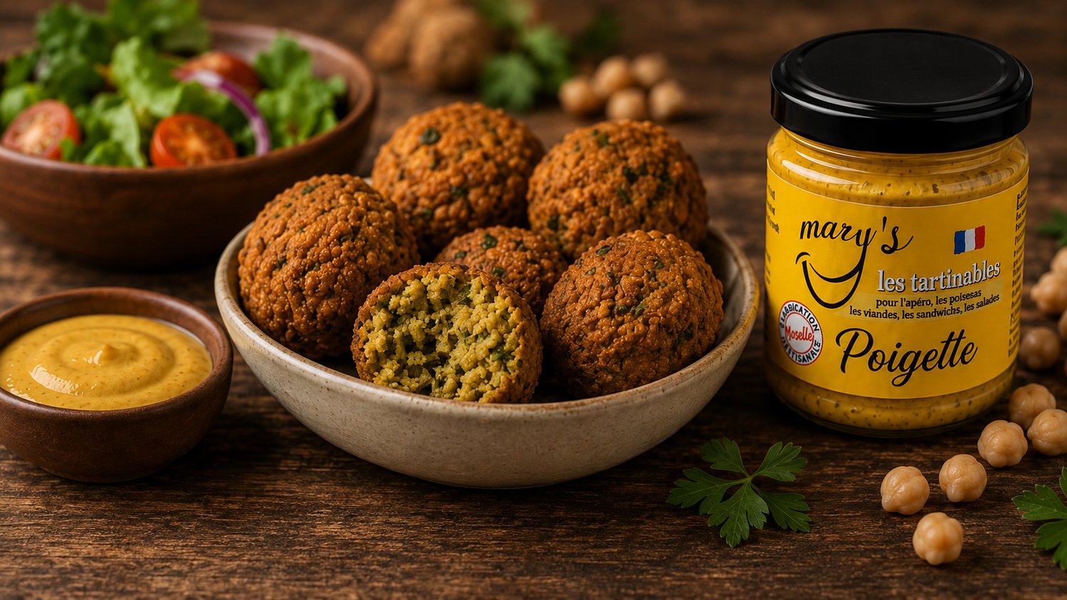 Falafels dorés accompagnés d’un pot de Poigette MARY’S, tartinade artisanale fabriquée en Moselle.