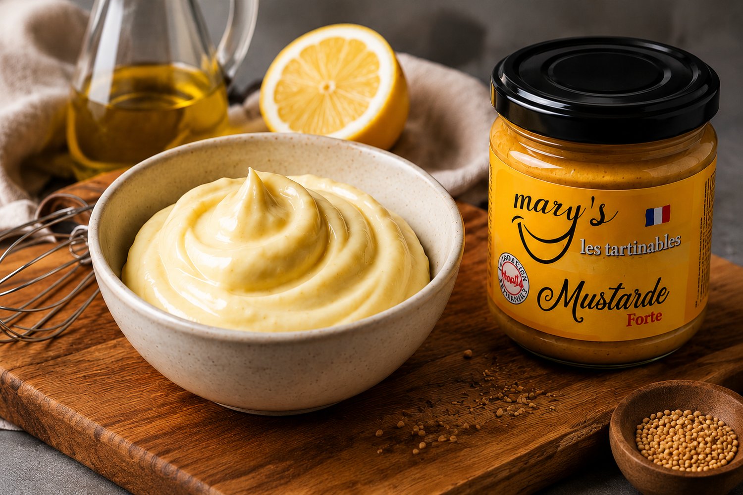 Mayonnaise maison onctueuse accompagnée d’un pot de Mustarde Forte artisanale MARY’S.