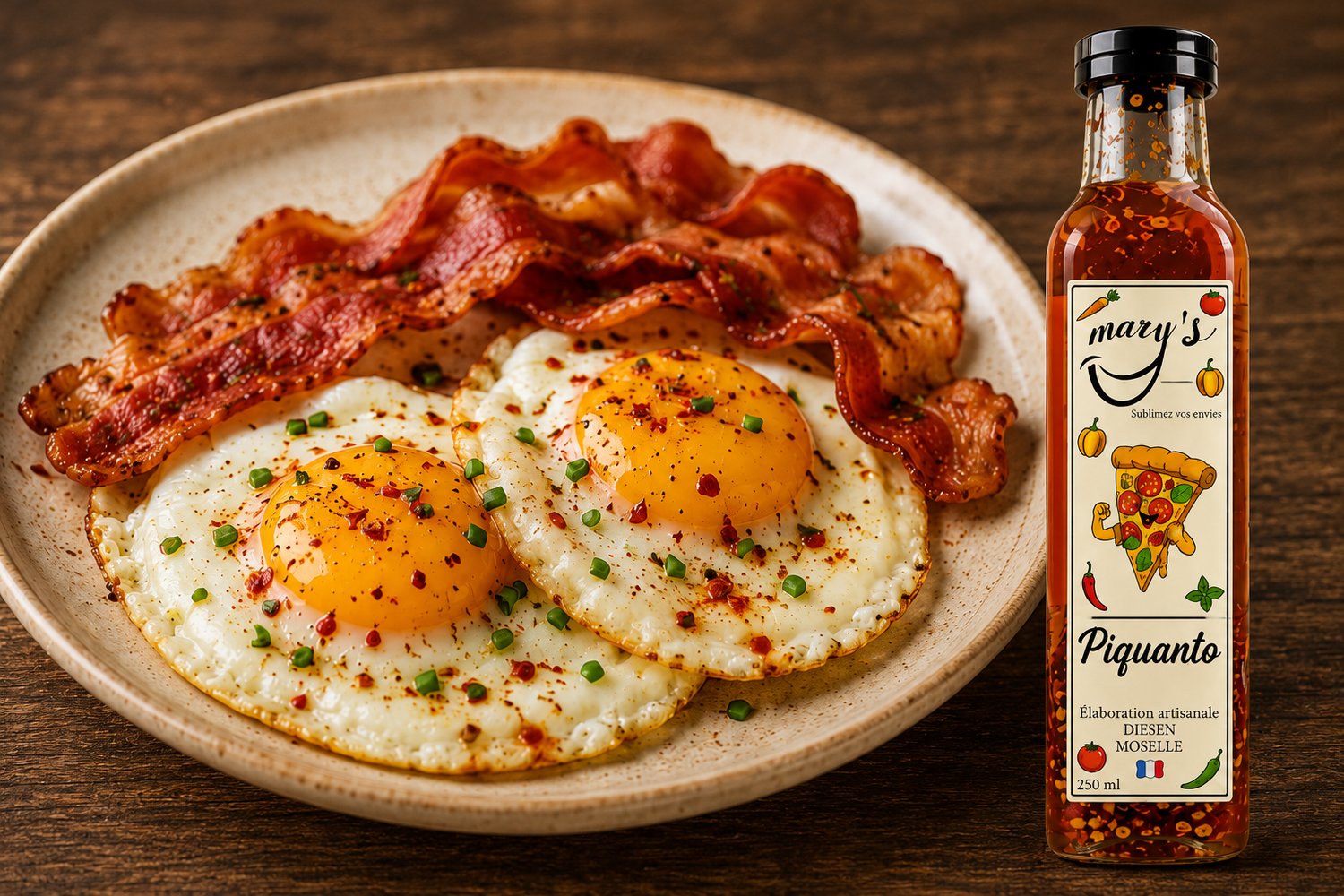 Œufs au plat et bacon croustillant relevés avec la sauce Piquanto artisanale MARY’S.