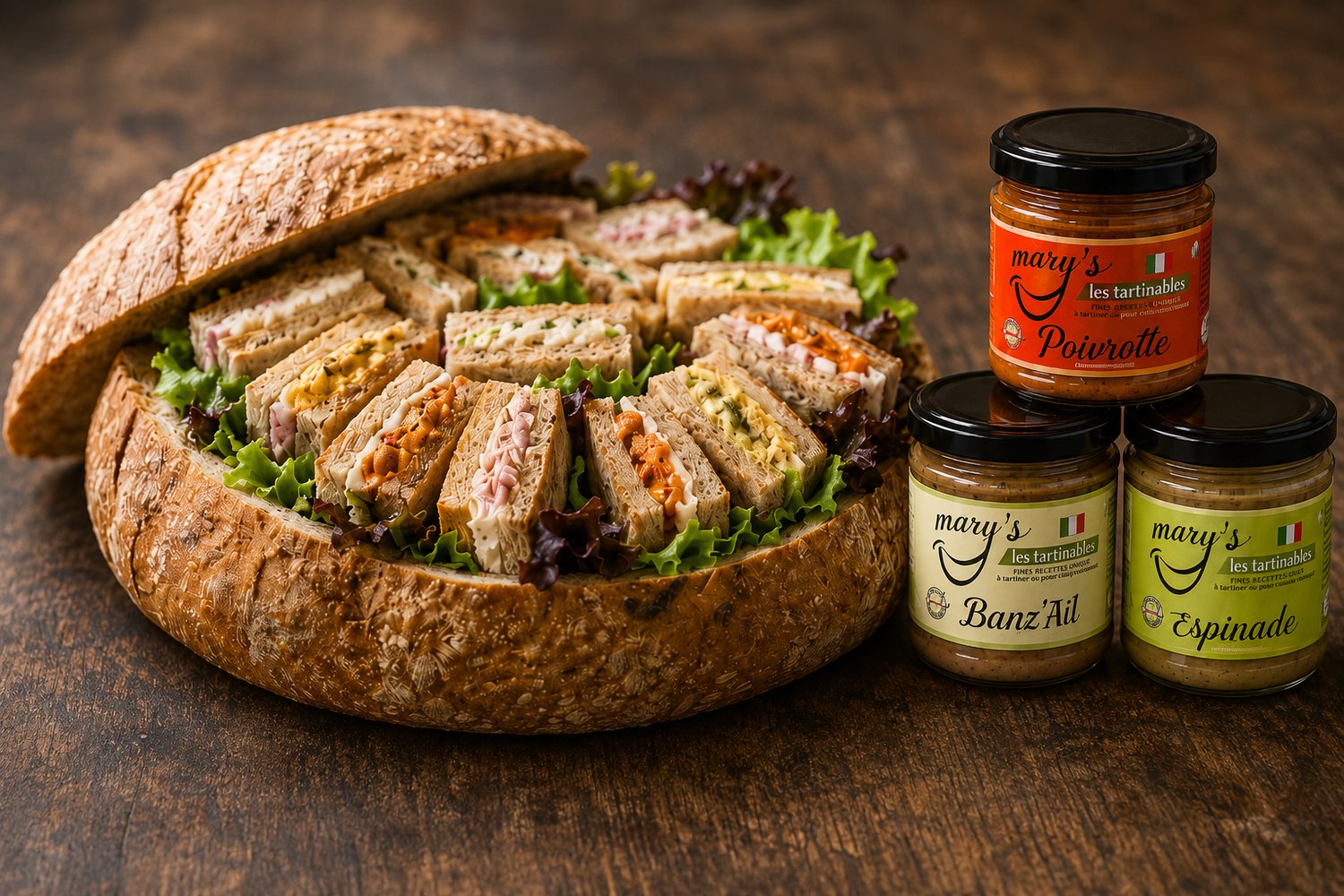 Pain surprise garni de mini-sandwichs préparés avec les tartinades Poivrotte, Banz’Ail et Espinade artisanales MARY’S.