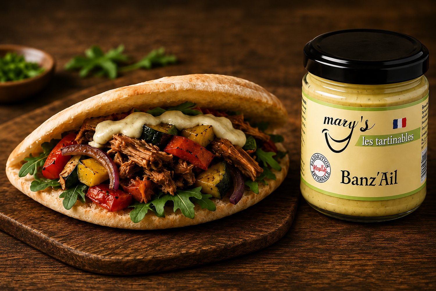 Pita garnie de porc effiloché et de légumes rôtis, accompagnée d’un pot de Banz’Ail artisanale MARY’S.