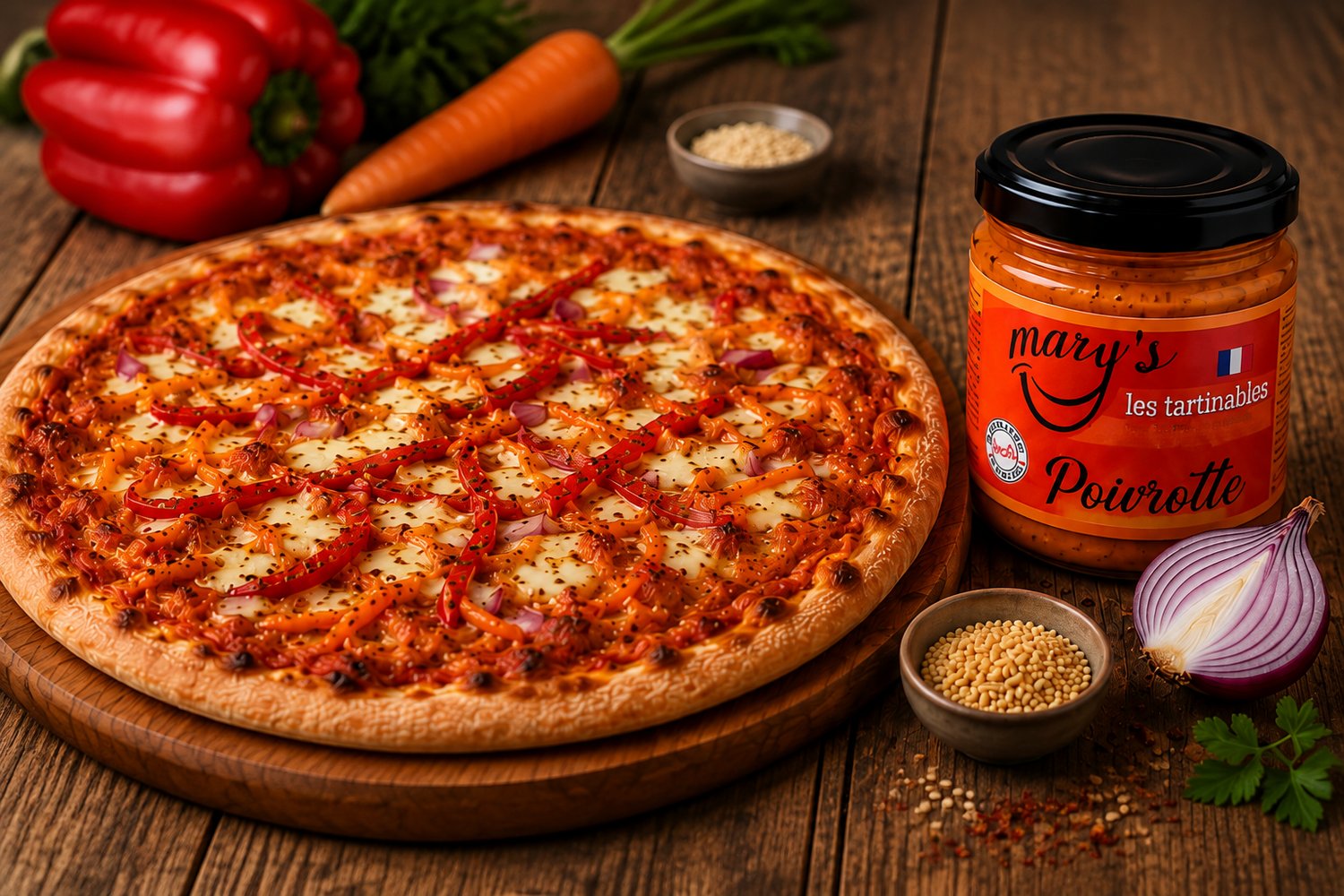 Pizza garnie de poivron, de carotte, d'oignon et de mozzarella, préparée avec la Poivrotte artisanale MARY’S.