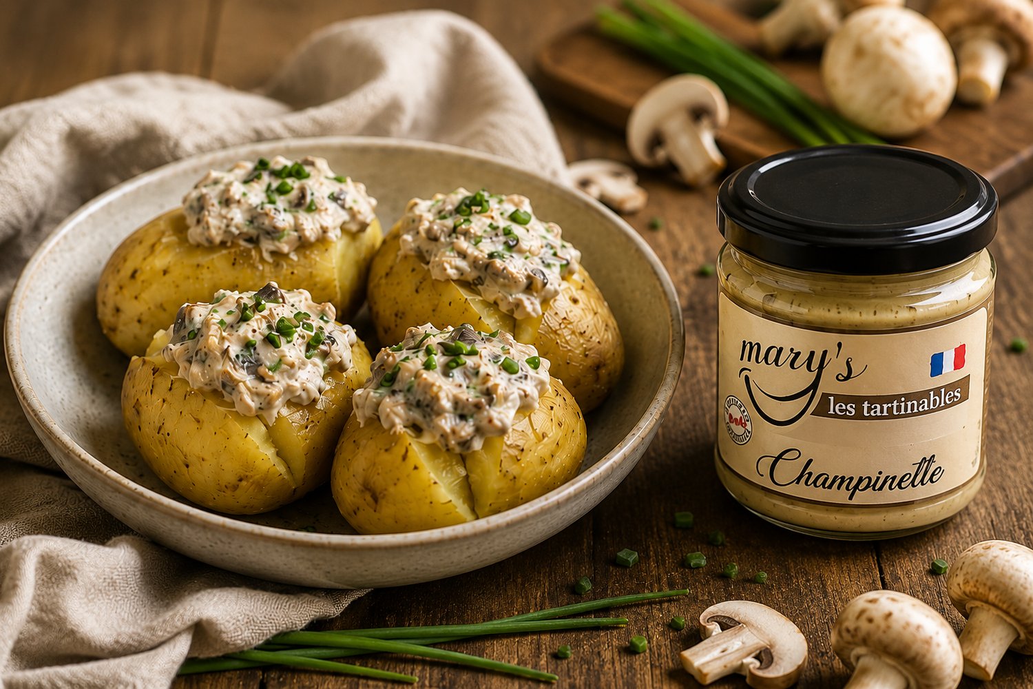 Pommes de terre garnies d’une sauce crémeuse aux champignons préparée avec la Champinette artisanale MARY’S.