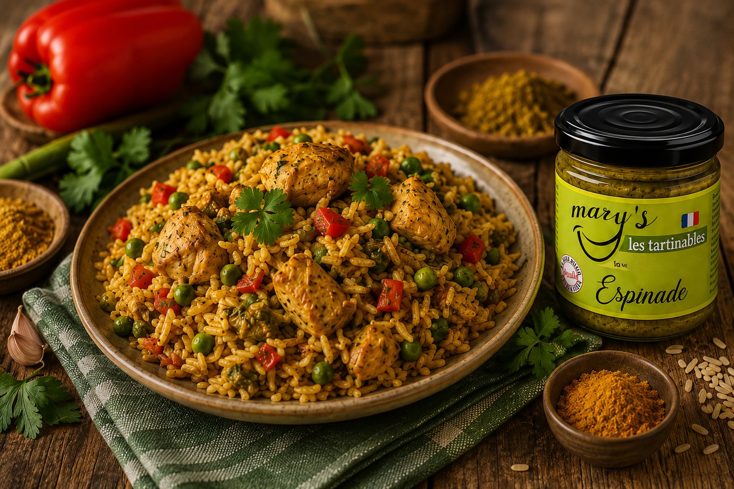Riz basmati au poulet, petits pois et poivron préparé avec l’Espinade artisanale MARY’S.
