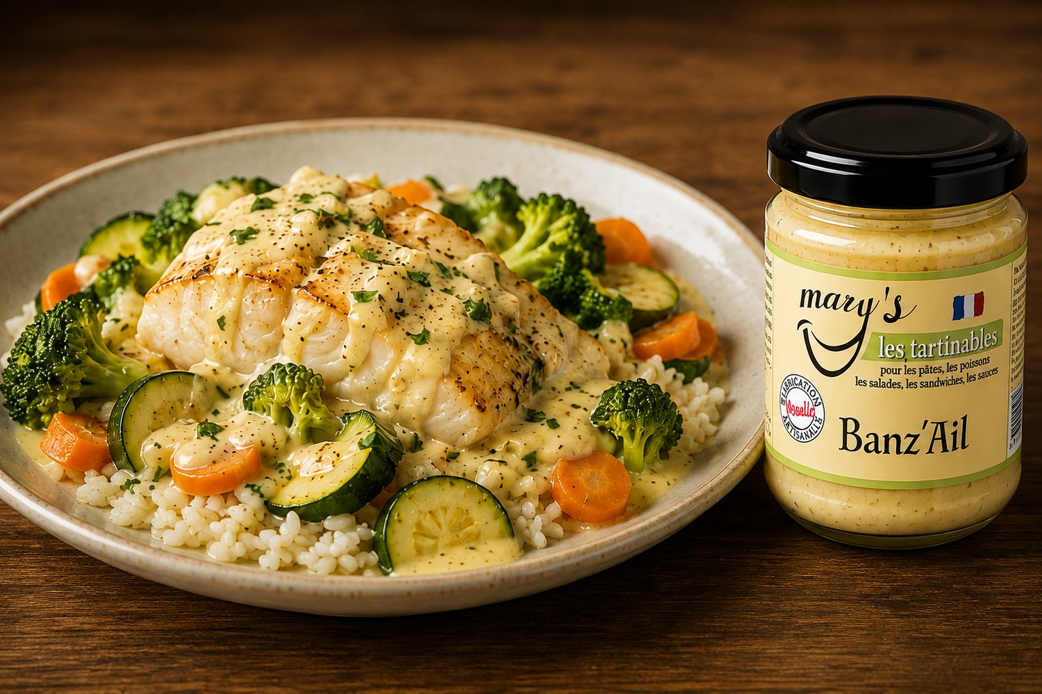 Filet de poisson servi avec du riz, des légumes et un pot de Banz’Ail artisanale MARY’S.