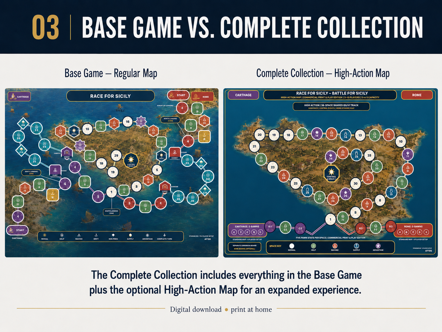 Comparison of the Race for Sicily Base Game regular map and the Complete Collection High-Action map.