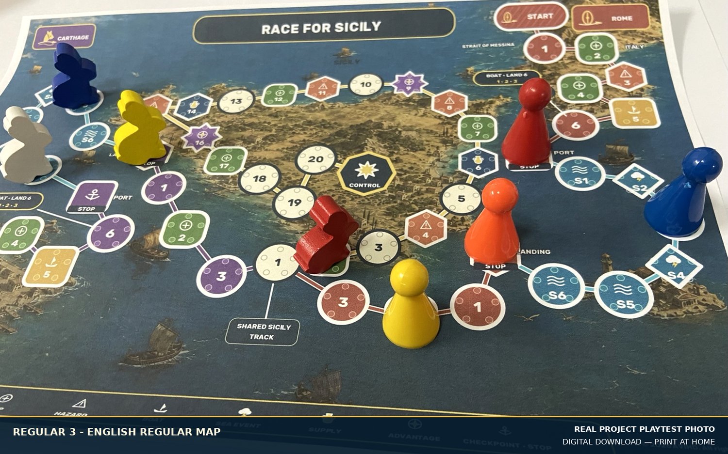 Real playtest photo of the Race for Sicily regular map with four player pieces in play.