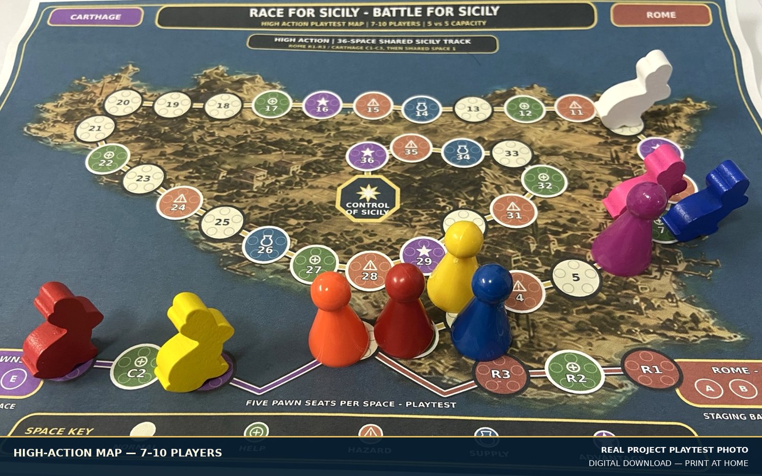 Real playtest photo of the 36-space High-Action Sicily map for 7 to 10 players.