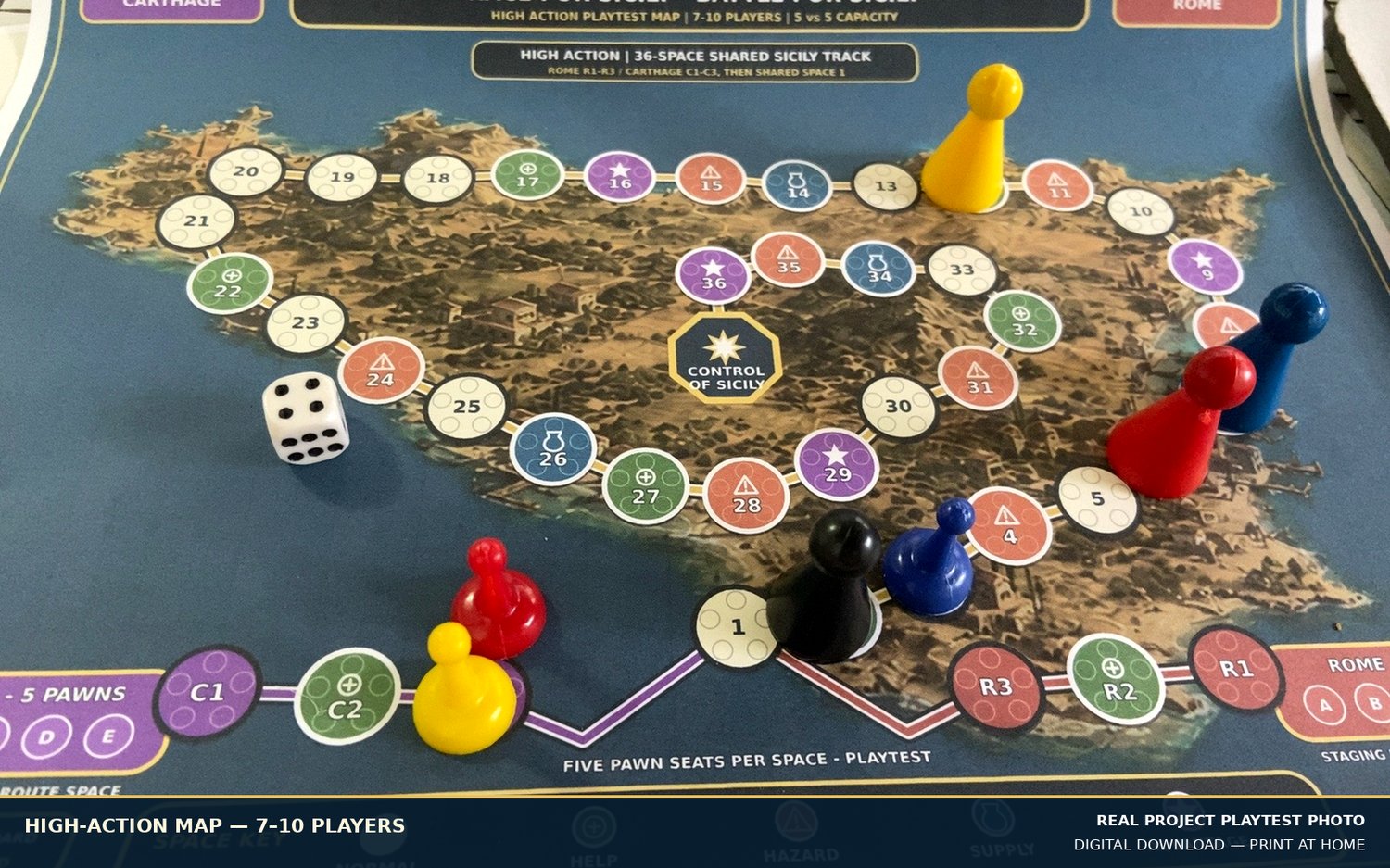 Large-group Race for Sicily playtest on the optional High-Action map with multiple player pawns.