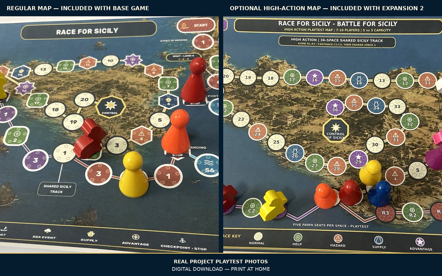 Side-by-side real playtest photos comparing the regular map and the optional High-Action map.