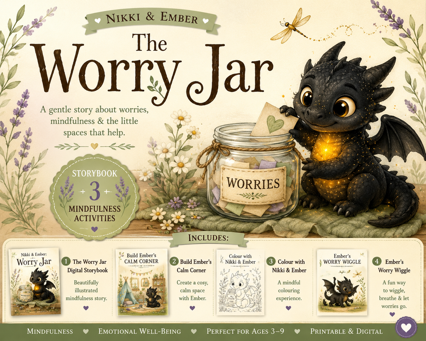 Nikki & Ember: The Worry Jar children's mindfulness story and printable activity bundle featuring Ember beside the Worry Jar.