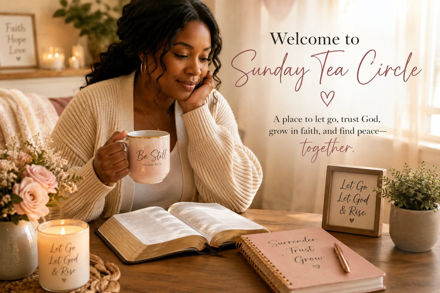 Sunday Tea Circle hero image featuring a Christian woman with a Bible, journal, and tea in a warm, peaceful setting, representing faith, surrender, spiritual growth, emotional healing, and learning to Let Go & Let God.