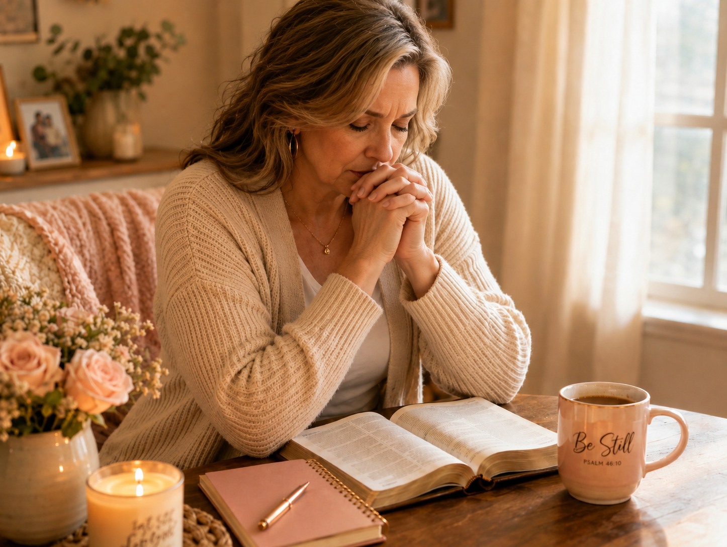 Middle-aged Christian woman praying quietly with an open Bible, journal, candle, and “Be Still” mug in a warm, peaceful setting, representing surrender, anxiety relief, faith, emotional healing, spiritual reflection, and learning to Let Go & Let God.