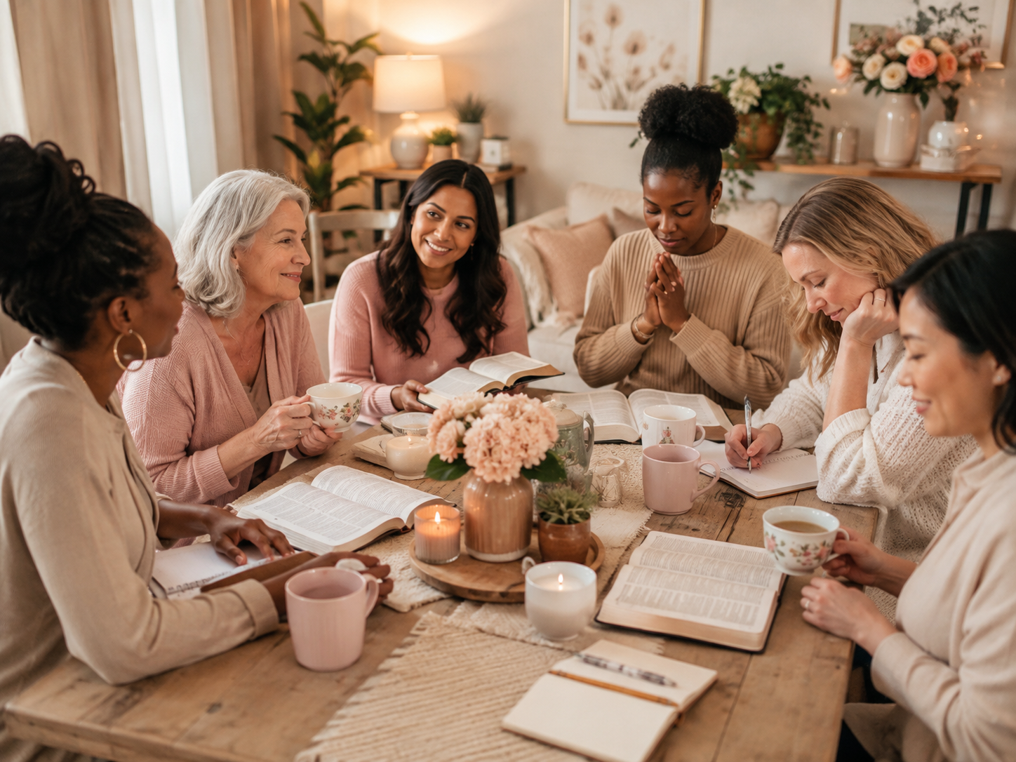 Diverse Christian women of different ages gathered around a table with Bibles, journals, tea, and candles in a warm, welcoming Bible study setting, representing faith, prayer, sisterhood, spiritual growth, emotional support, and a safe Christian women’s community.