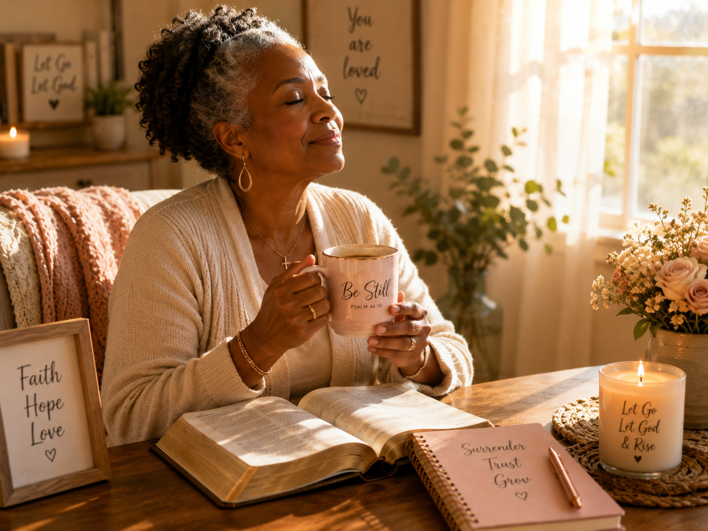 Older African American Christian woman enjoying a peaceful moment with tea, an open Bible, journal, candle, and faith decor in warm sunlight, representing Christian women’s Bible study, prayer, spiritual growth, emotional healing, surrender, hope, peace, and learning to Let Go & Let God.