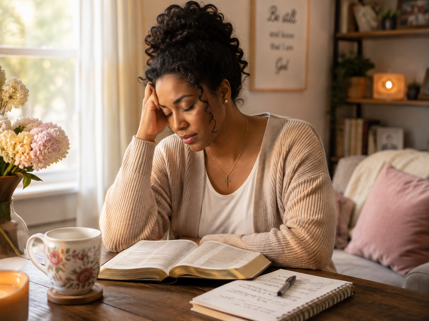 Christian woman sitting with an open Bible, journal, and tea in warm natural light, reflecting quietly during a moment of anxiety, overthinking, prayer, Scripture reset, emotional healing, and finding peace in God.