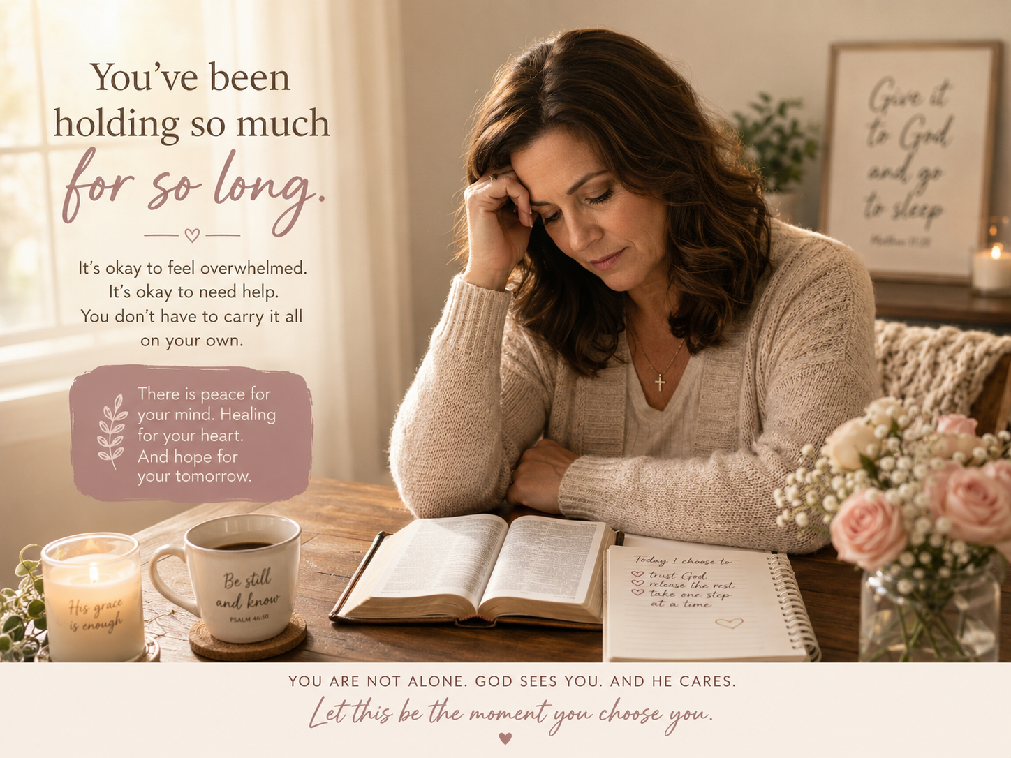 Middle-aged Christian woman feeling overwhelmed while sitting with an open Bible, prayer journal, tea, and candle in warm natural light, representing anxiety, overthinking, emotional exhaustion, Scripture reflection, Christian emotional wellness, prayer, healing, and finding peace in God.