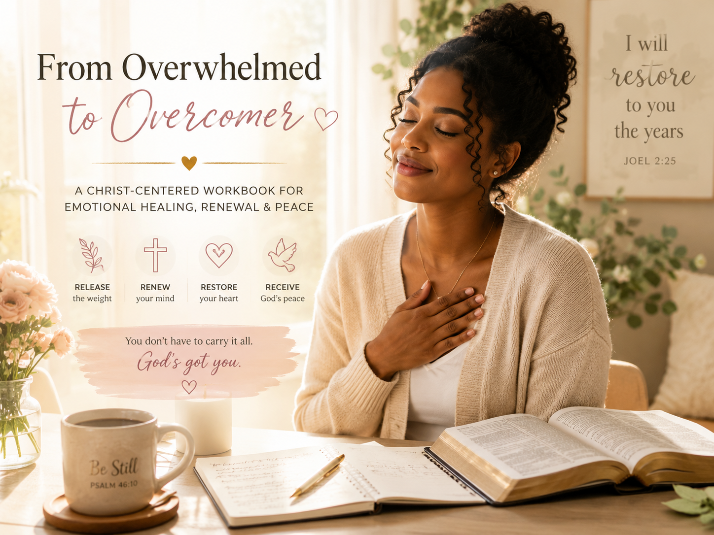 Young African American Christian woman experiencing peace and renewed faith while reflecting with an open Bible, prayer journal, and tea in warm sunlight, representing Christian emotional healing, surrender, anxiety relief, spiritual renewal, hope, clarity, and finding peace in God.