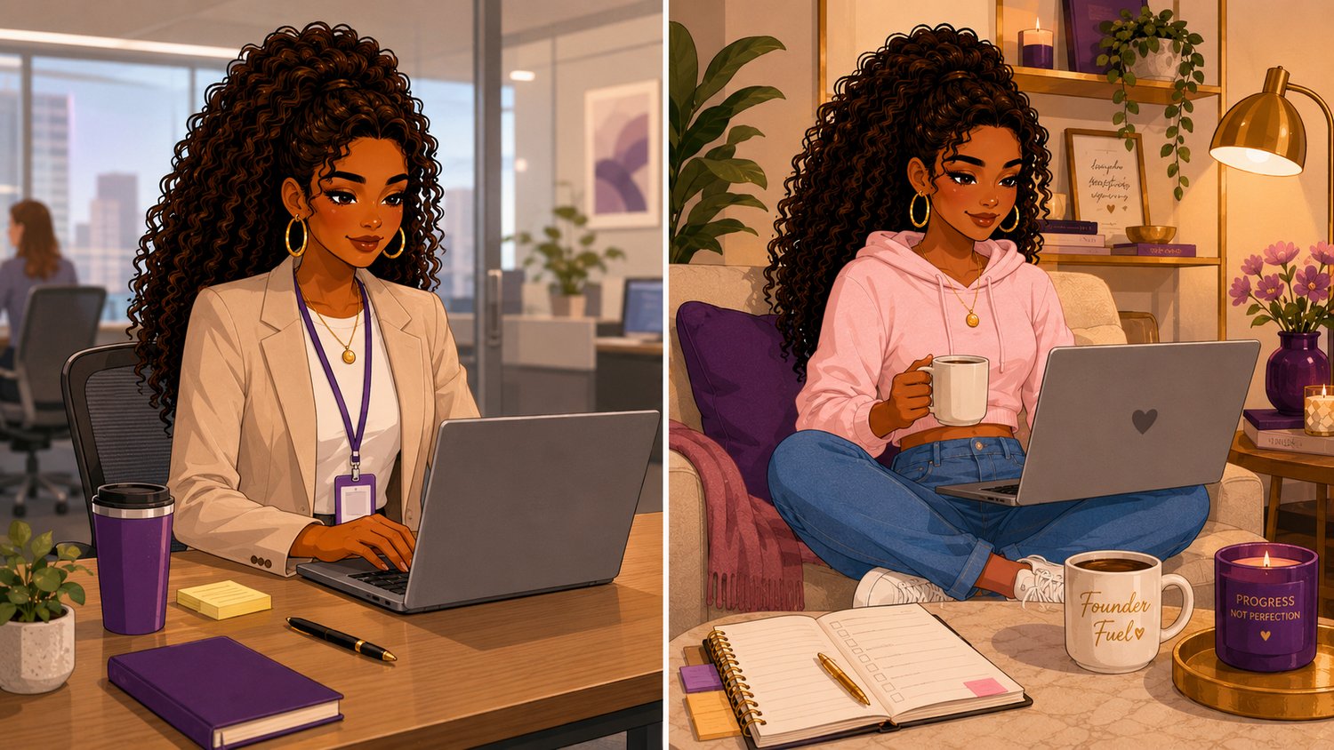 Woman working a full-time job while building a side business from home AI generated by Wealth Building Baddie