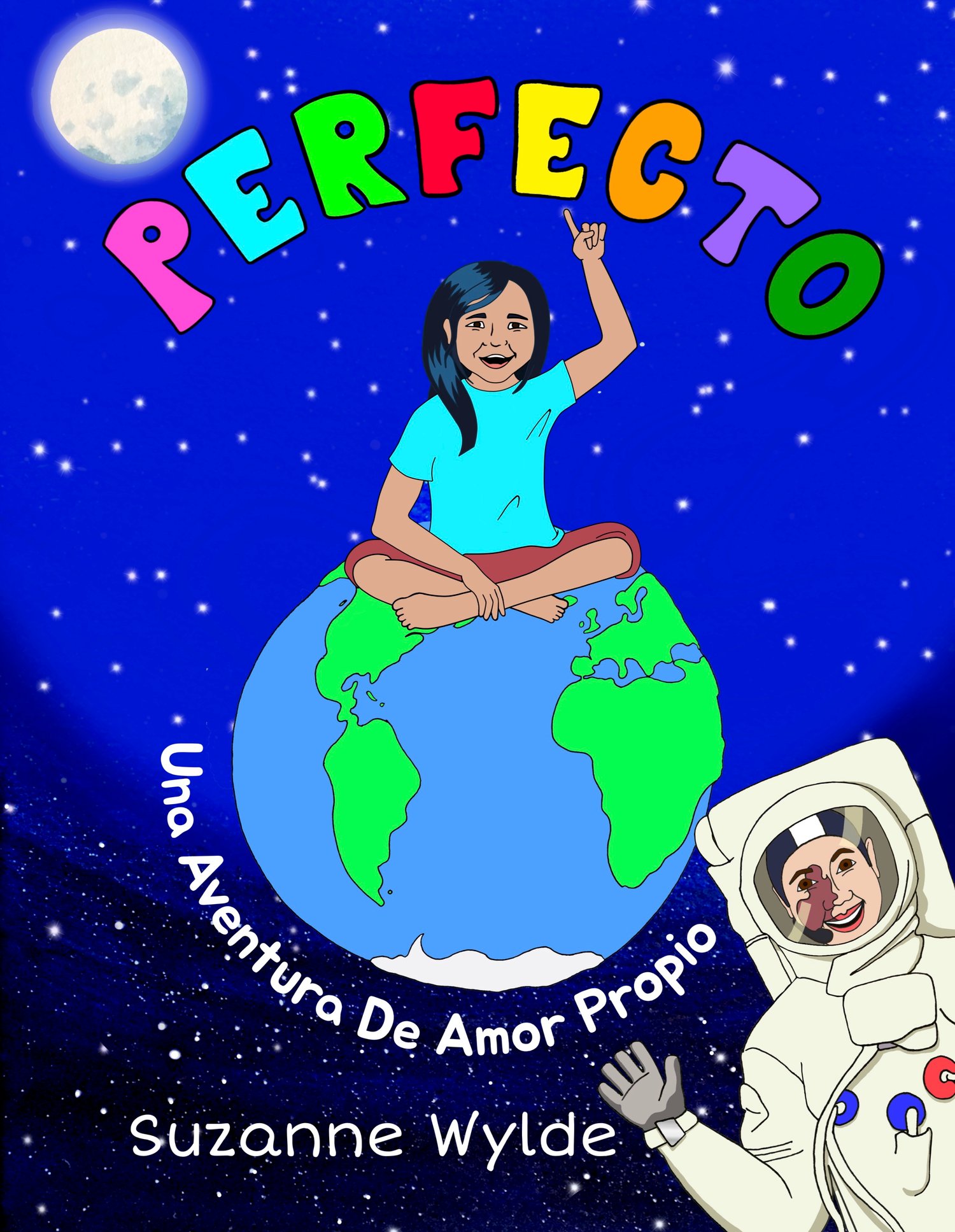 picture of cover, girl sitting on the planet earth pointing to the word Perfecto